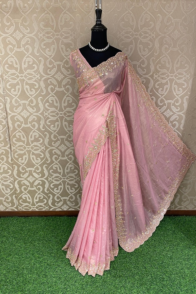 Pink Tissue Organza Embroidery Saree, With Blouse