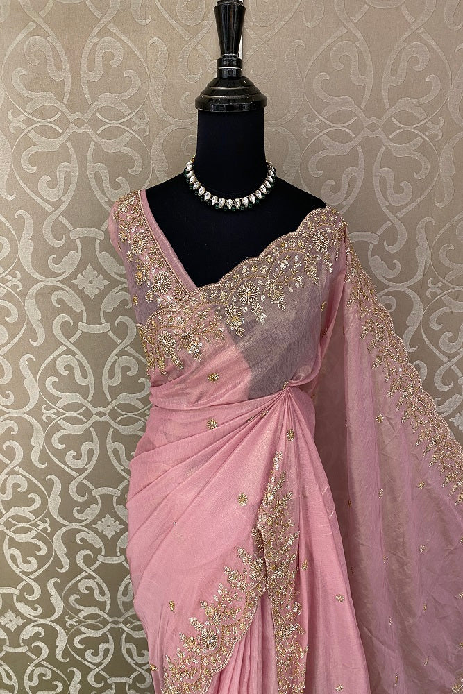 Pink Tissue Organza Embroidery Saree, With Blouse