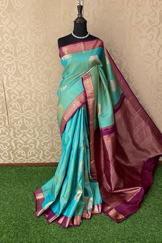 Sea Green Colour Pure Kanjeevaram Silk Saree, With Unstiched Blouse - Saarang Sarees