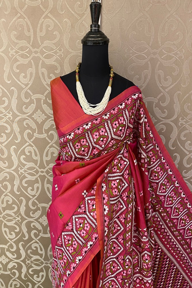 Red Pink Pure Silk Bengal Kantha Stitch Saree, With Unstitched Blouse.