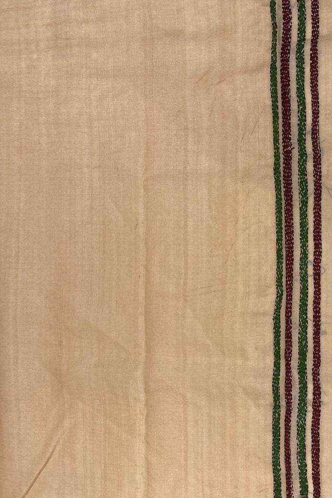 Offwhite Pure Tussar Bengal Kantha Stitch Saree, With Unstitched Blouse.