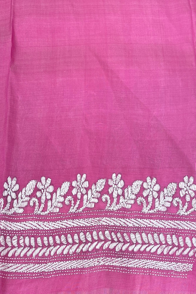 Pink Pure Silk Bengal Kantha Stitch Saree, With Unstitched Blouse.