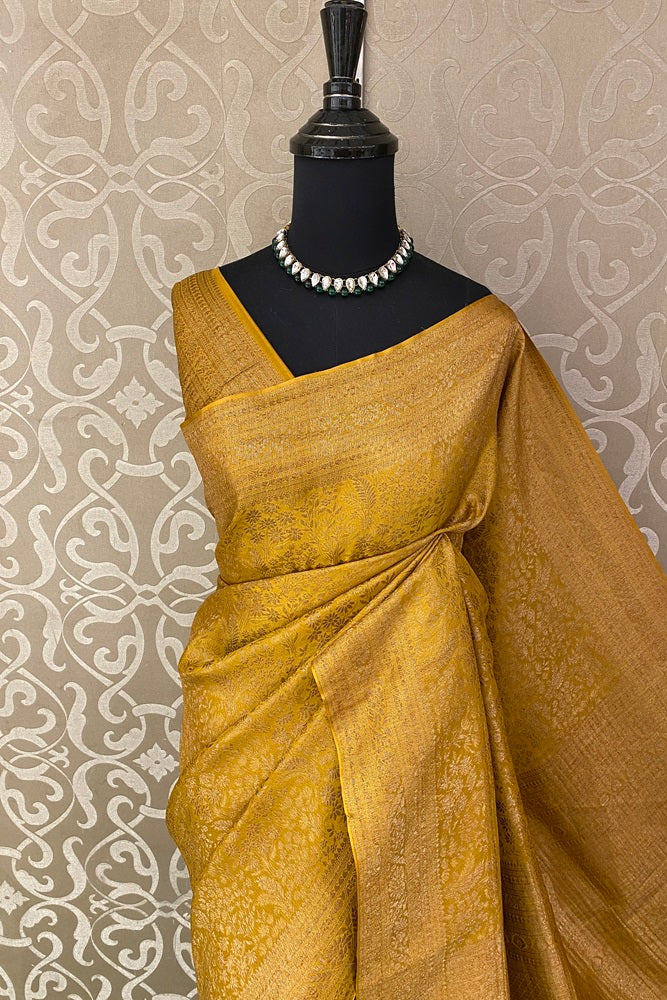 Yellow Brocket Crepe Silk Party Wear Saree, With Unstitched Blouse