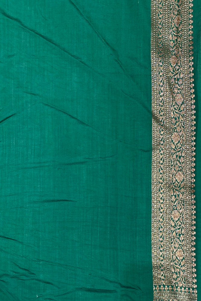 Bottle Green Pure Munga Banarasi Silk Saree, Hand Woven Motifs With Blouse