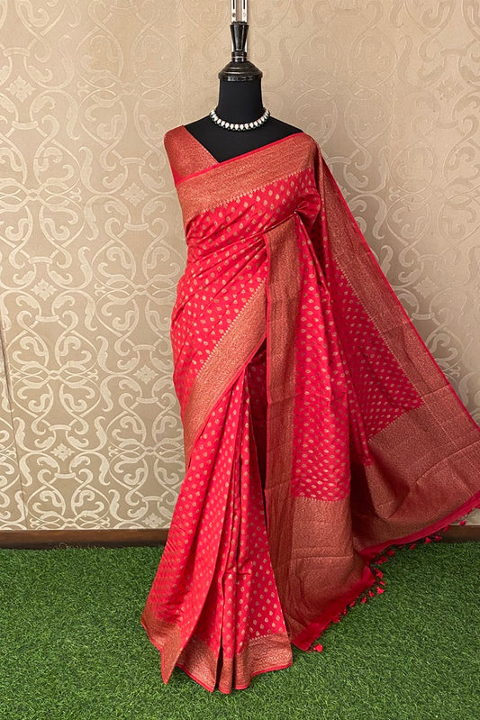 Red Pure Munga Banarasi Silk Saree, Hand Woven Motifs With Blouse