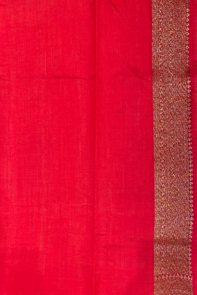 Red Pure Munga Banarasi Silk Saree, Hand Woven Motifs With Blouse