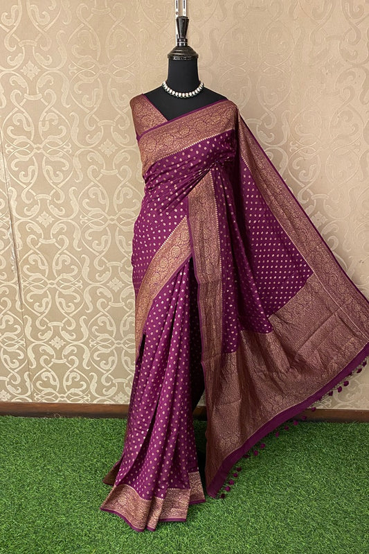 Purple Pure Munga Banarasi Silk Saree, Hand Woven Motifs With Blouse