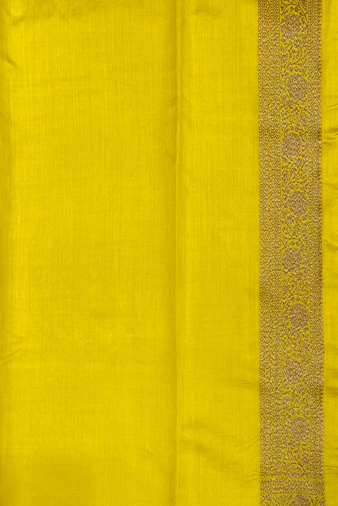Bright Yellow Pure Munga Banarasi Silk Saree, Hand Woven Motifs With Blouse