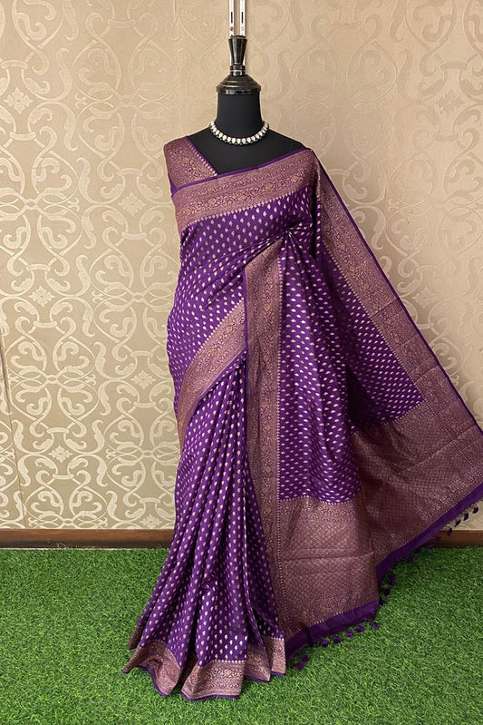 Violet Pure Munga Banarasi Silk Saree, Hand Woven Motifs With Blouse