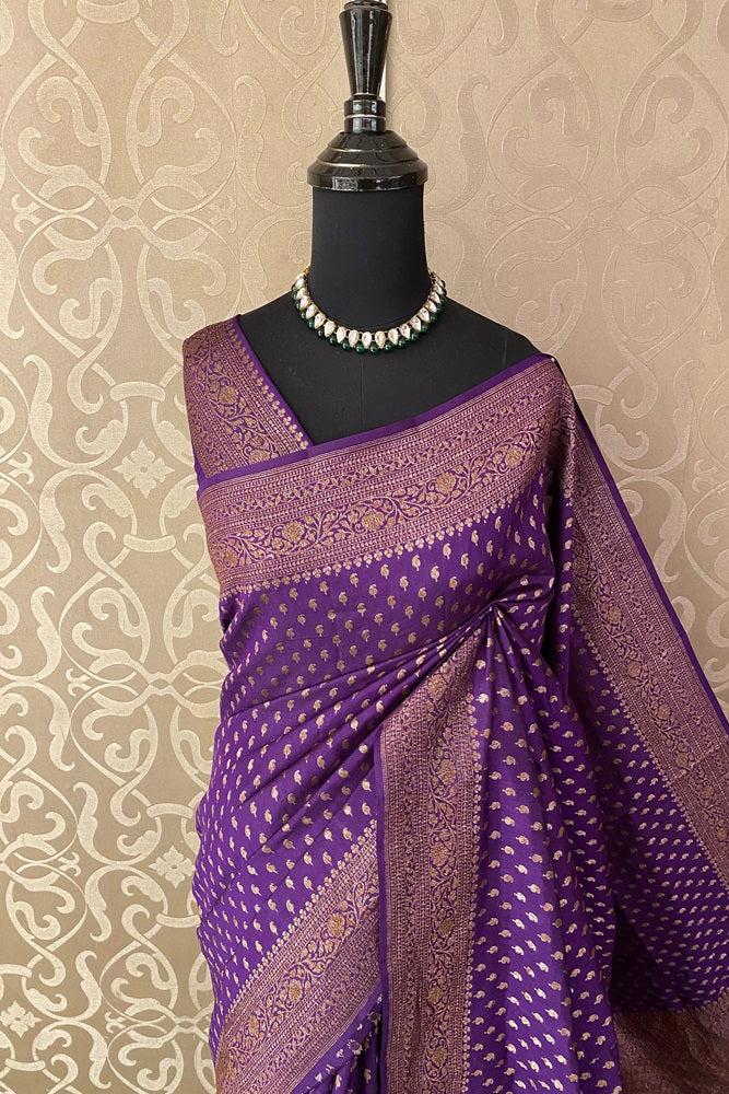 Violet Pure Munga Banarasi Silk Saree, Hand Woven Motifs With Blouse