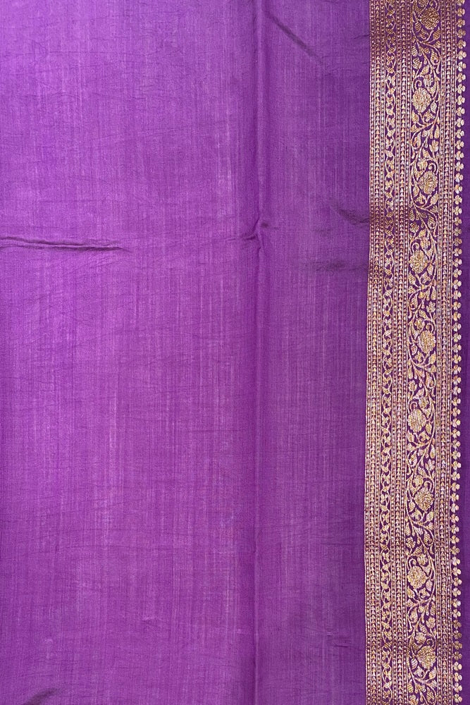 Violet Pure Munga Banarasi Silk Saree, Hand Woven Motifs With Blouse