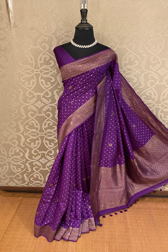 Violet Pure Munga Banarasi Silk Saree, Hand Woven Motifs With Blouse