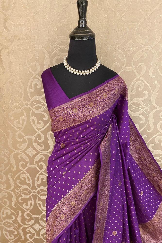 Violet Pure Munga Banarasi Silk Saree, Hand Woven Motifs With Blouse