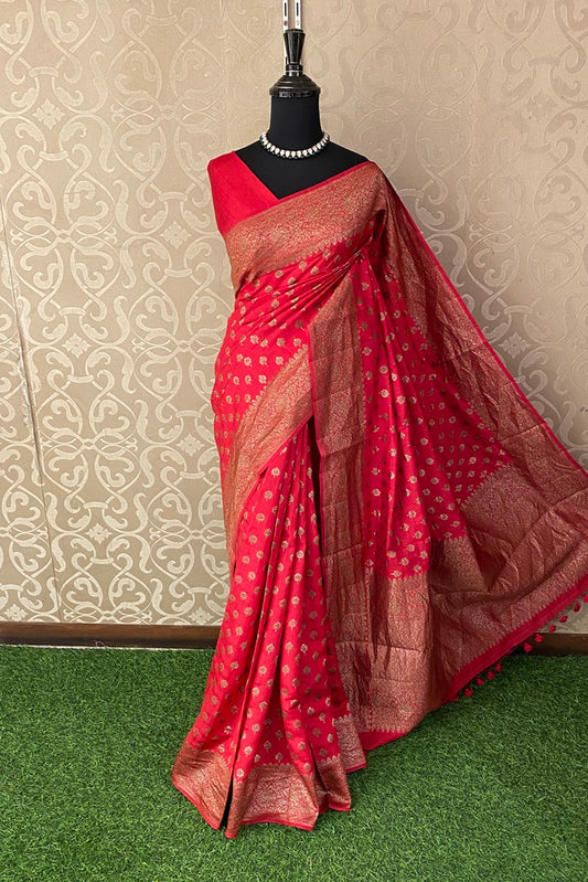 Rose Pure Munga Banarasi Silk Saree, Hand Woven Motifs, With Blouse