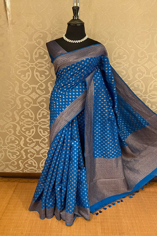 Blue Pure Munga Banarasi Silk Saree, Hand Woven Motifs, With Blouse