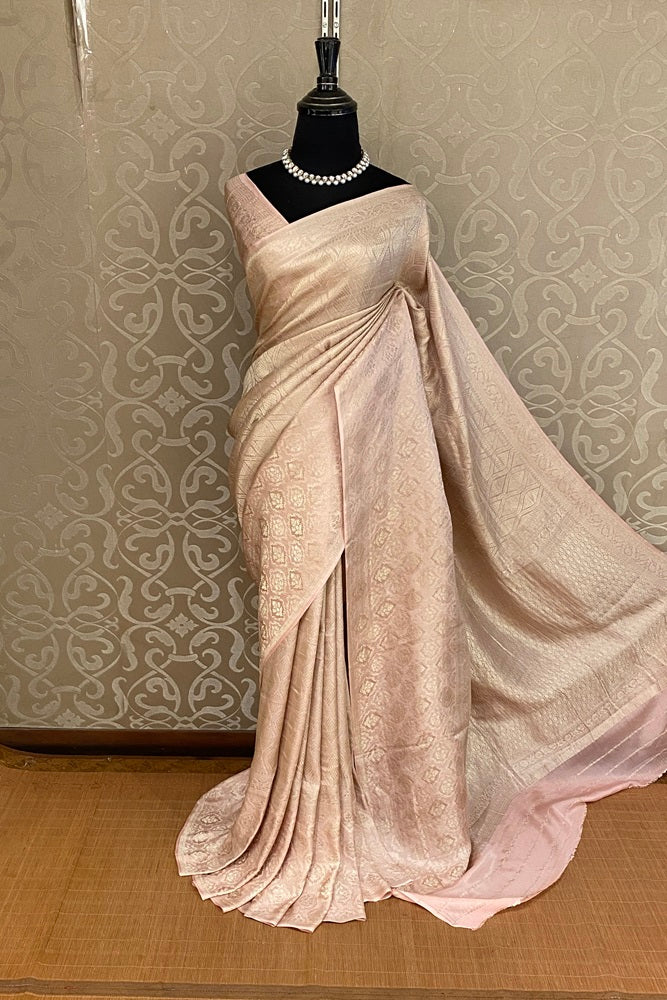 Golden Peach Brocket Crepe Silk Party Wear Saree, With Blouse Piece