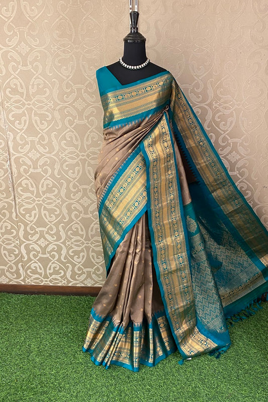 Beige Gadwal Silk Saree, With Contrast Blouse