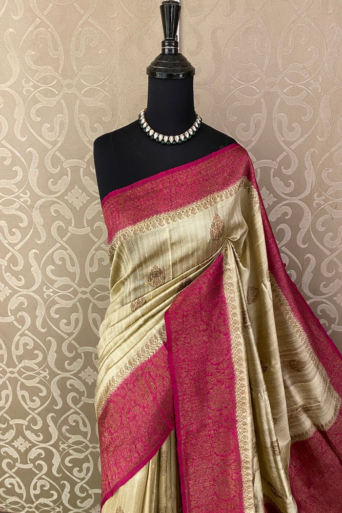 Offwhite Golden and Rani Pure Raw Tussar Banarasi Silk Saree, Hand Woven Motifs With Blouse