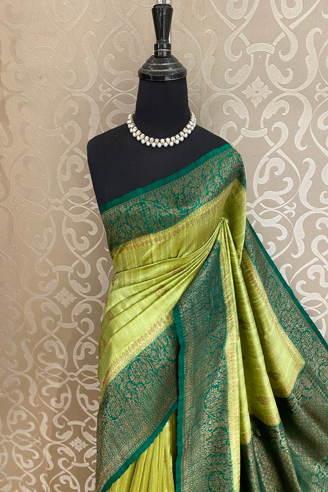 Lemon Green Pure Raw Tussar Banarasi Silk Saree, Hand Woven Motifs With Blouse