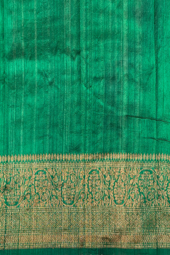 Lemon Green Pure Raw Tussar Banarasi Silk Saree, Hand Woven Motifs With Blouse