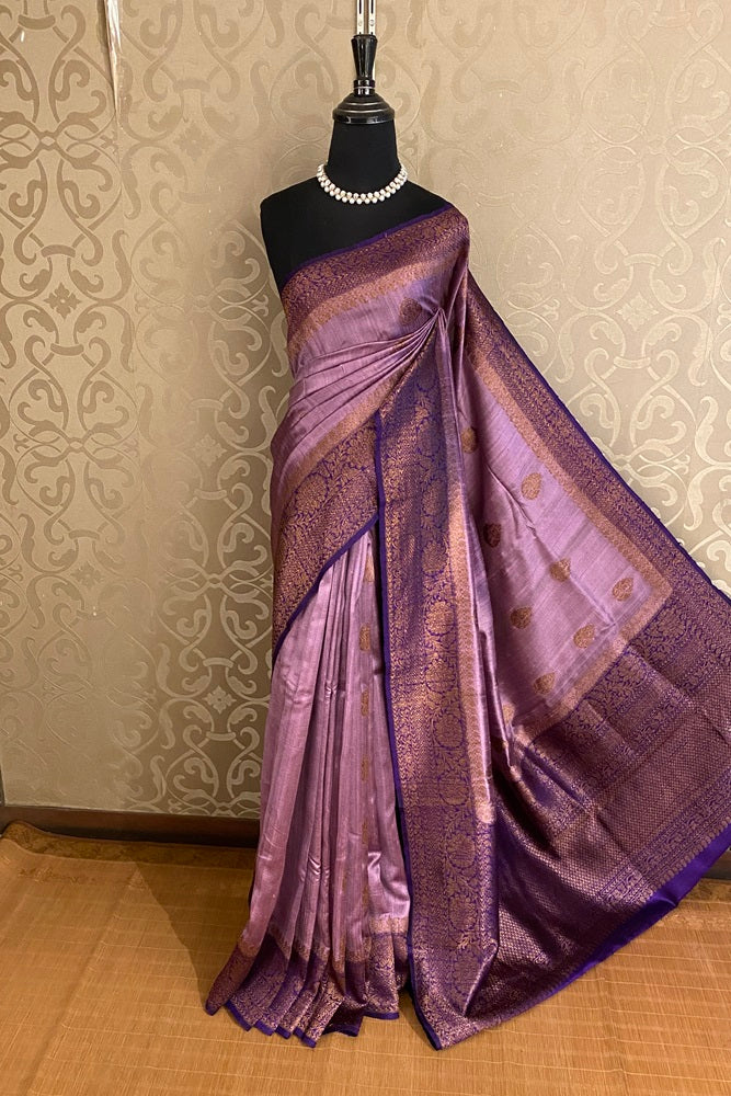 Light Purple Pure Raw Tussar Banarasi Silk Saree, Hand Woven Motifs With Blouse