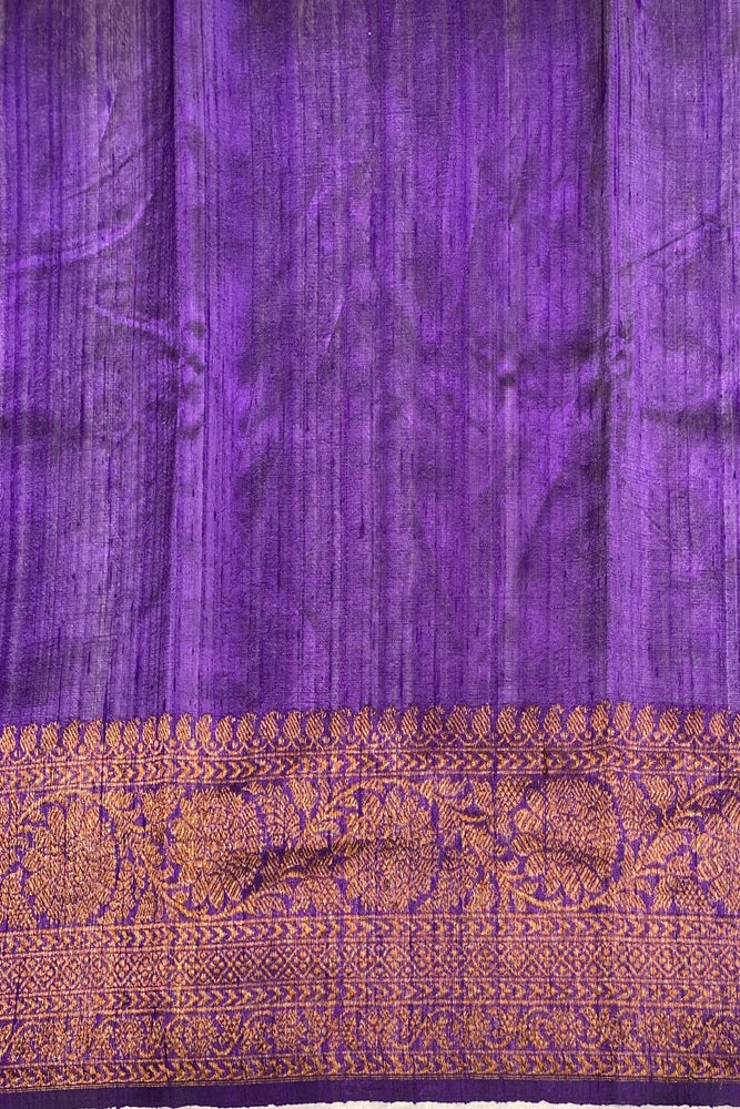 Light Purple Pure Raw Tussar Banarasi Silk Saree, Hand Woven Motifs With Blouse