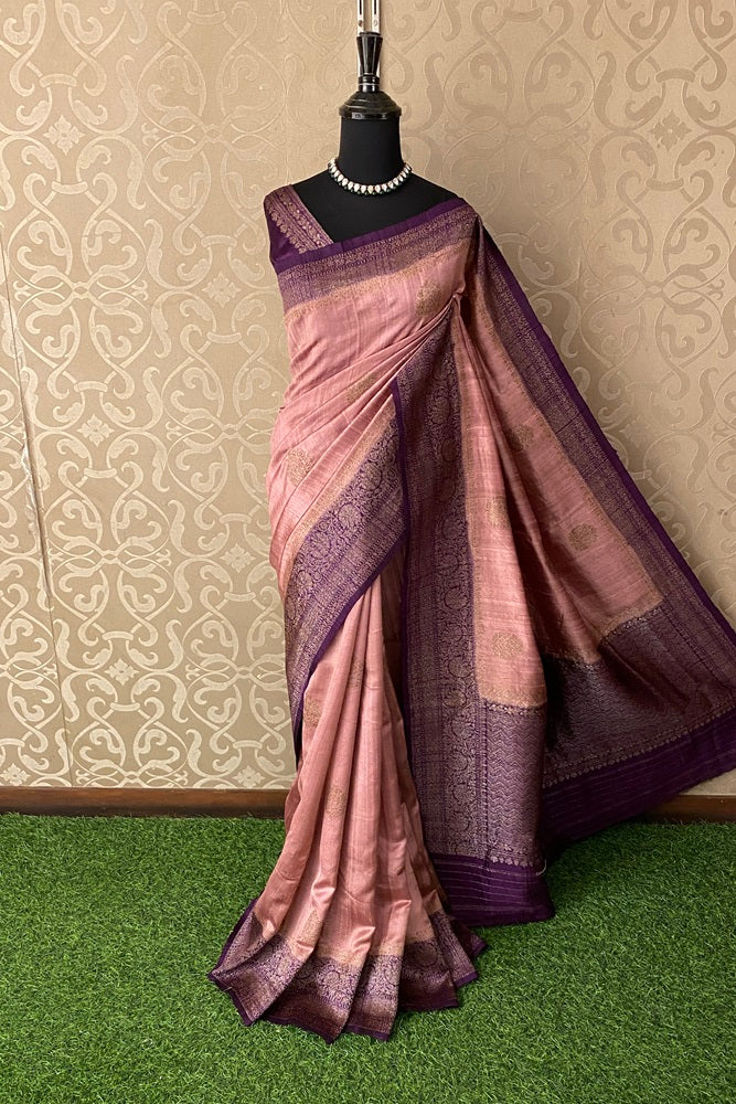 Mauve Pure Raw Tussar Banarasi Silk Saree, Hand Woven Motifs With Blouse
