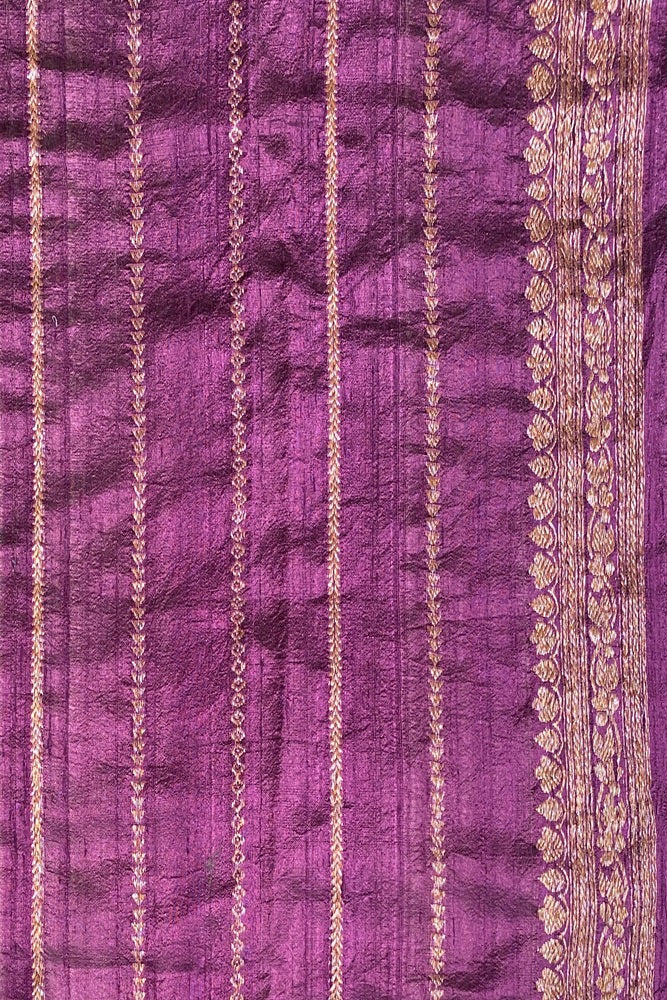 Mauve Pure Raw Tussar Banarasi Silk Saree, Hand Woven Motifs With Blouse