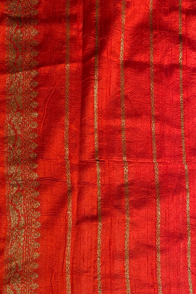 Peach and Red Pure Raw Tussar Banarasi Silk Saree, Hand Woven Motifs With Blouse