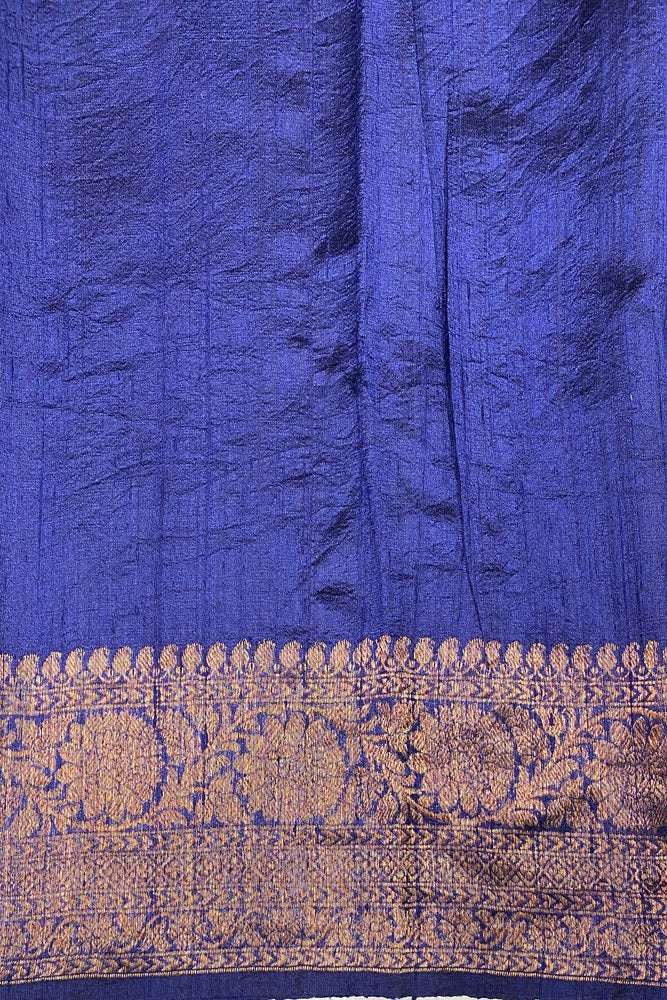 Firozi Blue Pure Raw Tussar Banarasi Silk Saree, Hand Woven Motifs, With Blouse