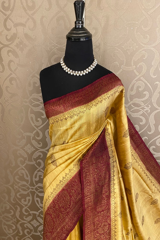 Golden Yellow Pure Raw Tussar Banarasi Silk Saree, Hand Woven Motifs With Blouse