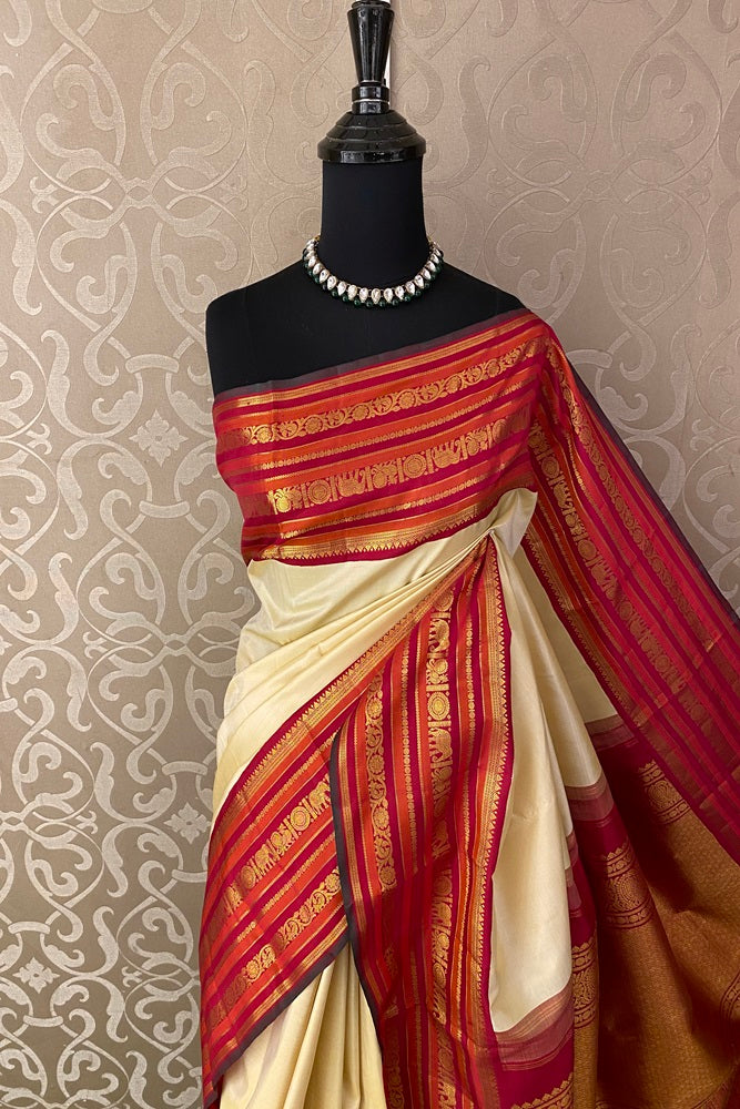 Offwhite Gold and Red Pure Kanjeevaram Silk Saree, With Unstich Blouse