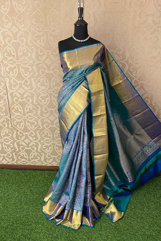 Peacock Blue Pure Kanjeevaram Silk Saree, With Unstich Blouse