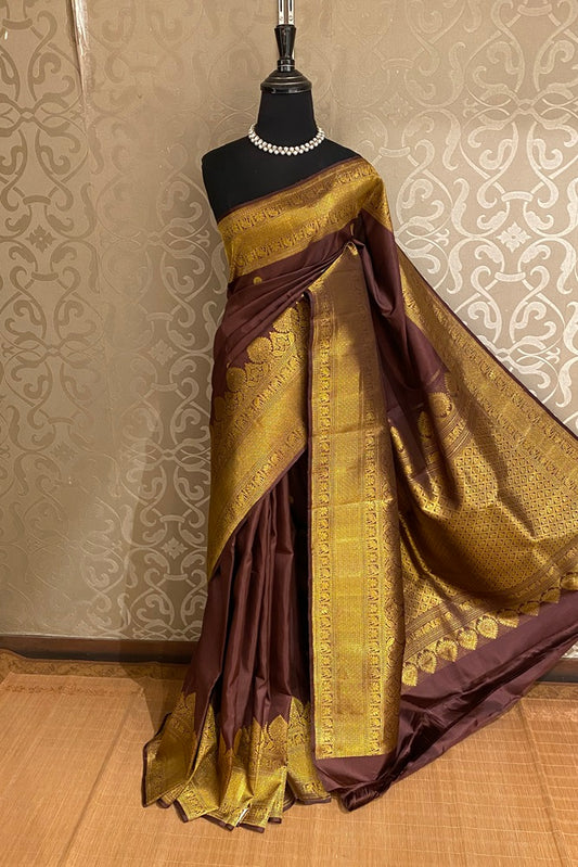 Brown Kanjeevaram Silk Saree Hand Weaving, With Unstich Blouse