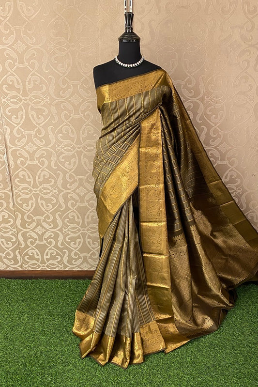 Mehendi Green Colour Pure Kanjeevaram Silk Saree, With Unstich Blouse