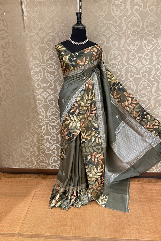 Olive Green Tussar Banarasi Silk Saree With Digital Printed Border, With Unstich Blouse Piece