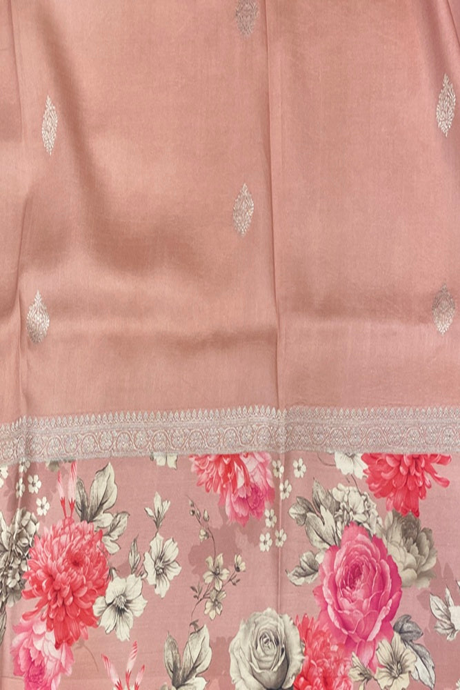 Peaches Pink Tussar Banarasi Silk Saree With Digital Printed Border, With Unstich Blouse Piece