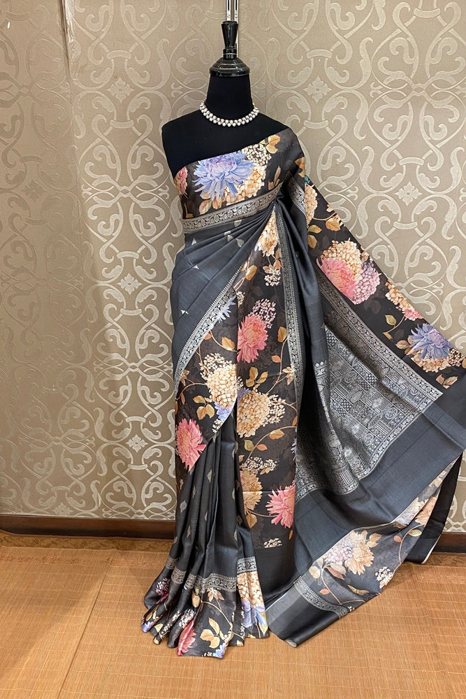 Black Tussar Banarasi Silk Saree With Digital Printed Border, With Unstich Blouse Piece