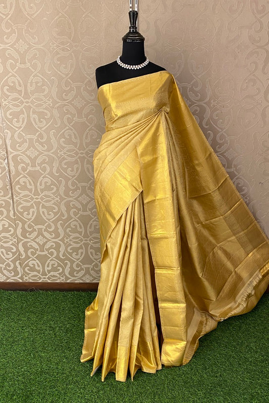 Golden Yellow Pure Kanjeevaram Silk Saree, With Unstich Blouse