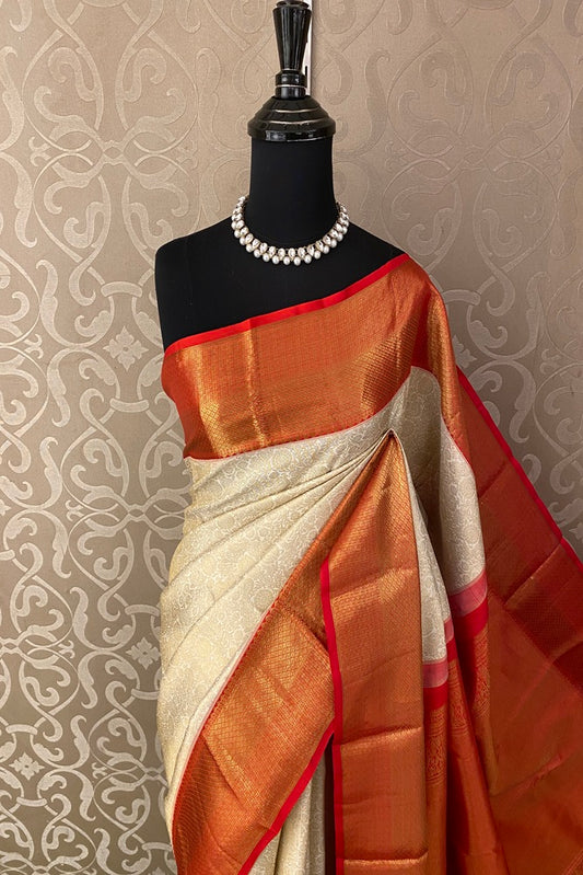 Offwhite & Rose Red Pure Kanjeevaram Silk Saree With Border And Unstich Blouse Piece - Saarang Sarees