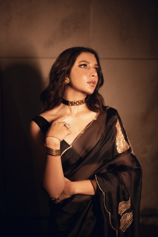 Black Organza Silk Embroidery Saree, With Unstiched Blouse