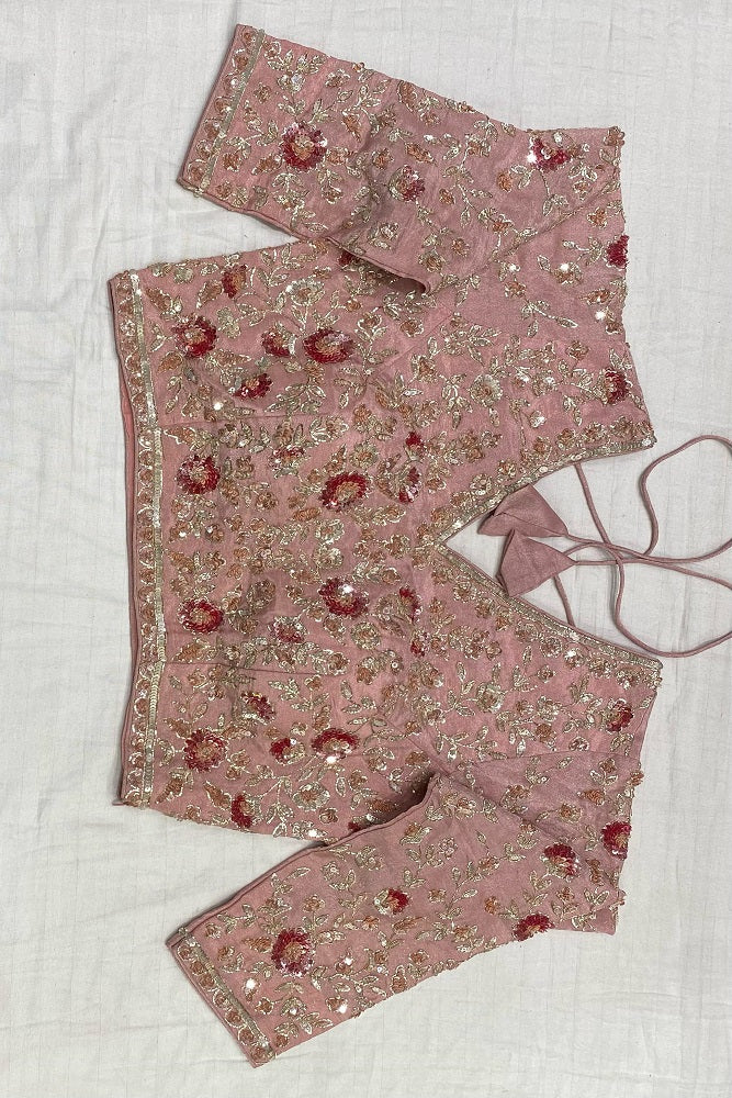 Pink Organza Silk Embroidery Party Wear Saree With Blouse Piece