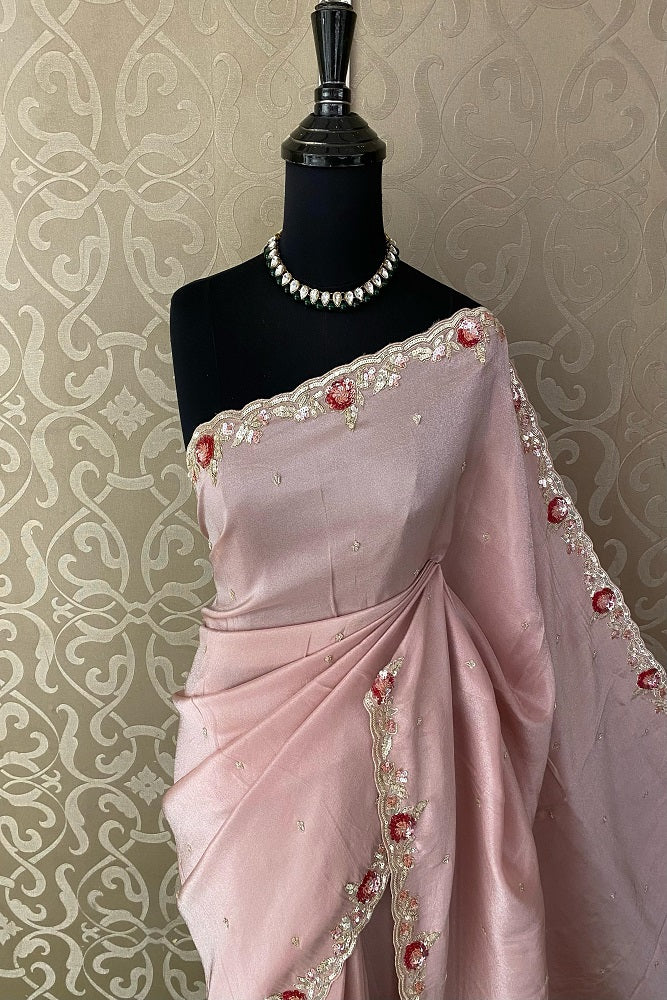 Pink Organza Silk Embroidery Party Wear Saree With Blouse Piece