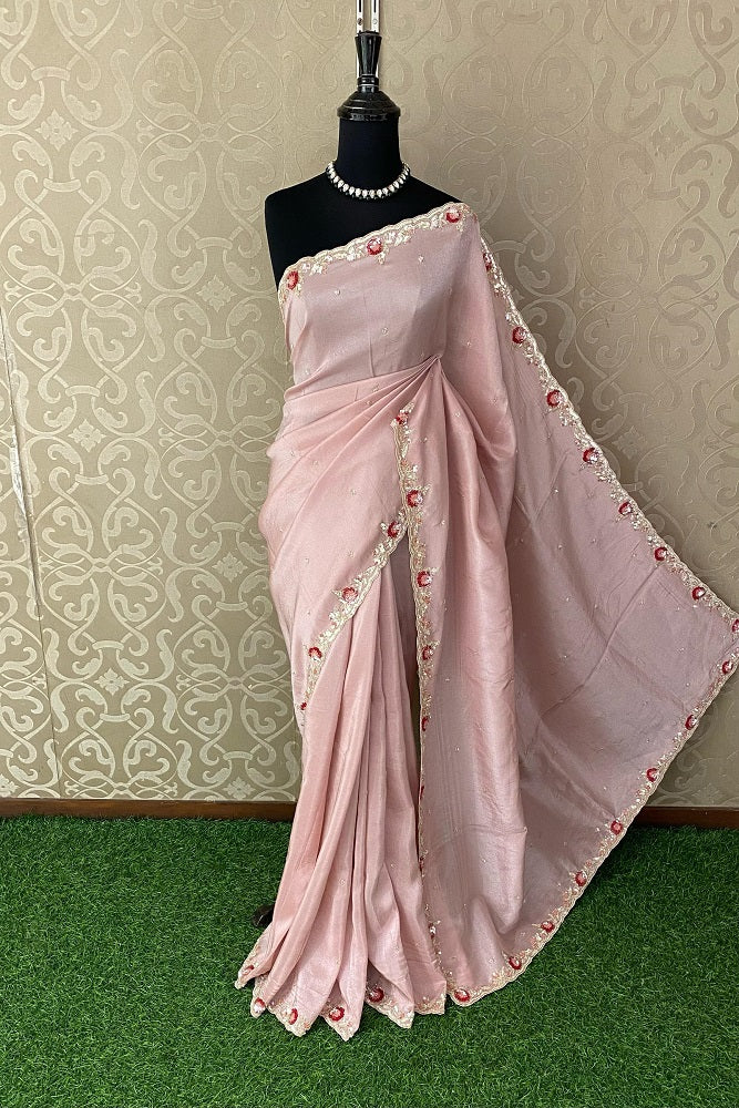 Pink Organza Silk Embroidery Party Wear Saree With Blouse Piece