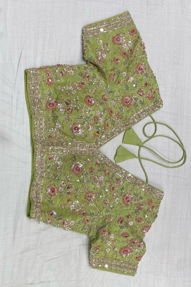 LEMON GREEN ORGANZA SILK EMBROIDERY PARTY WEAR SAREE WITH BLOUSE PIECE