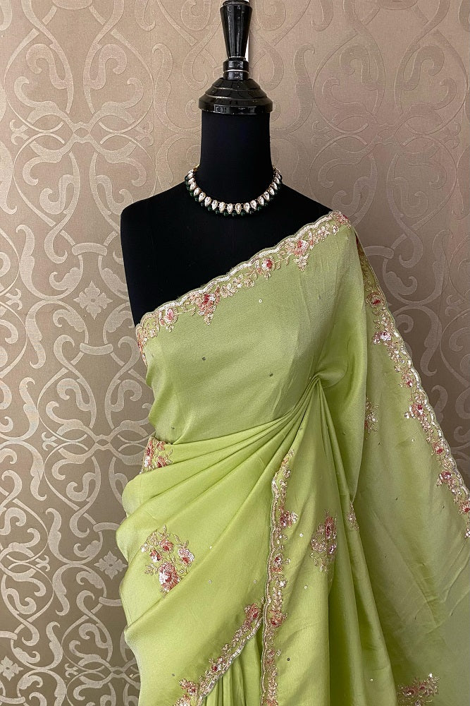 LEMON GREEN ORGANZA SILK EMBROIDERY PARTY WEAR SAREE WITH BLOUSE PIECE