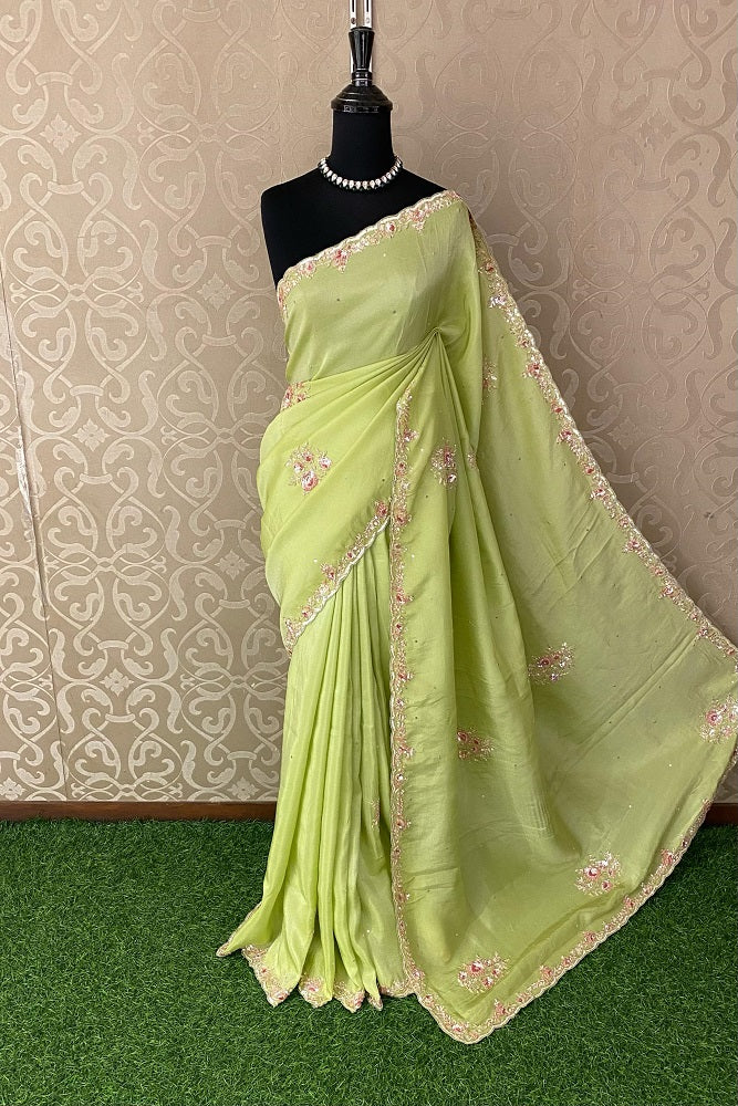 LEMON GREEN ORGANZA SILK EMBROIDERY PARTY WEAR SAREE WITH BLOUSE PIECE