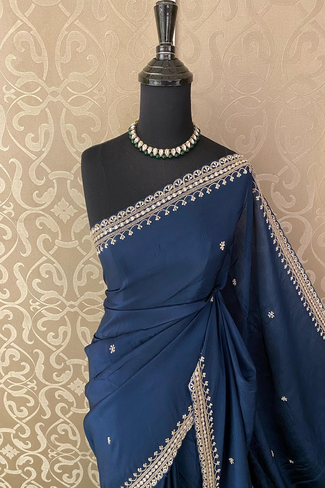 Blue Organza Silk Embroidery Party Wear Saree With Blouse Piece