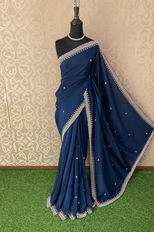 Blue Organza Silk Embroidery Party Wear Saree With Blouse Piece
