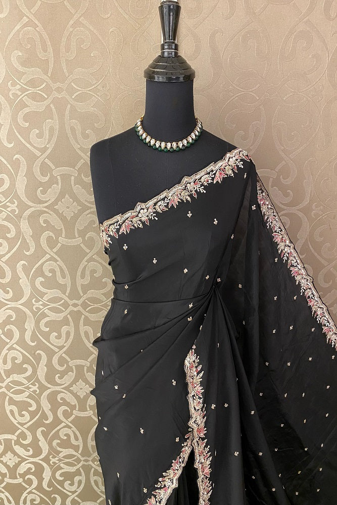 Black Organza Silk Embroidery Party Wear Saree With Blouse Piece